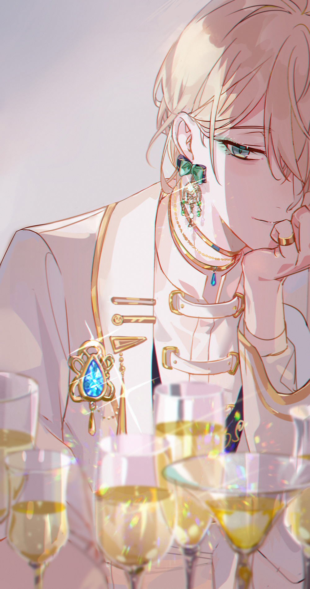 1boy, alcohol, black_vest, blonde_hair, blue_gemstone, bow, bow_earrings, champagne