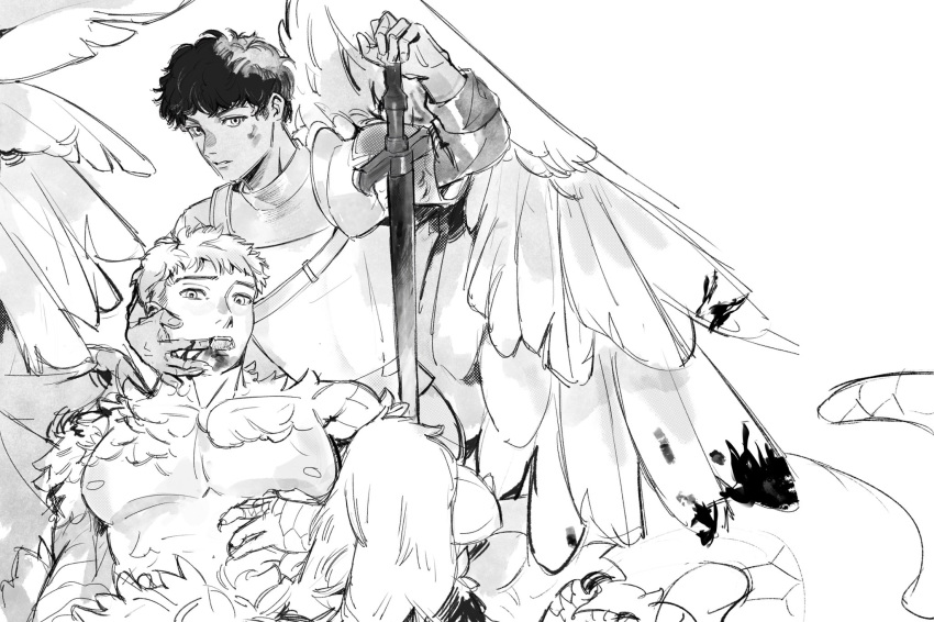 2boys, animal_hands, arm_up, armor, blood, blood_from_mouth, blood_on_face, centauroid