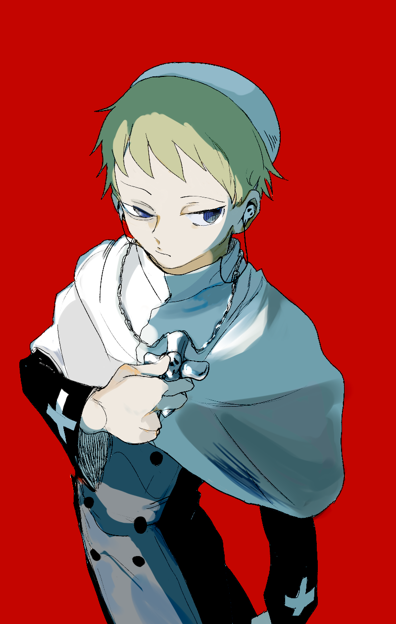 1boy, 2436711981, blonde_hair, blue_eyes, cross, cross_necklace, crucifix, earphones