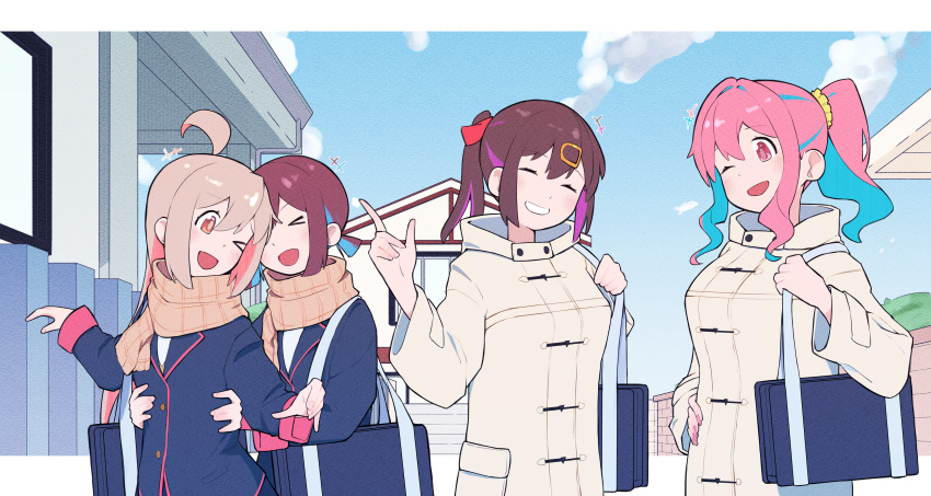>_o, +++, 4girls, ;d, ^_^, absurdres, ahoge, bag
