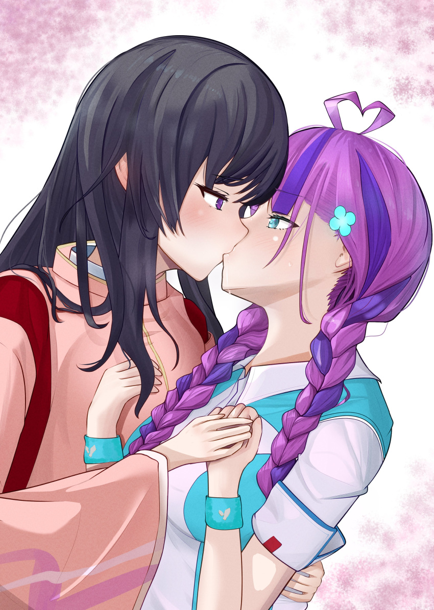 2girls, absurdres, ahoge, black_hair, braid, breasts, date_akari, hair_ornament