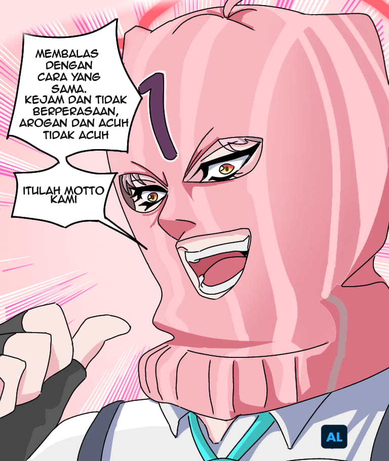 1girl, blue_archive, dio_brando, heterochromia, hoshino_(blue_archive), indonesian_commentary, indonesian_text, jojo_no_kimyou_na_bouken, jojo_pose, kono_dio_da_(meme), mask, meme, pink_mask, school_uniform