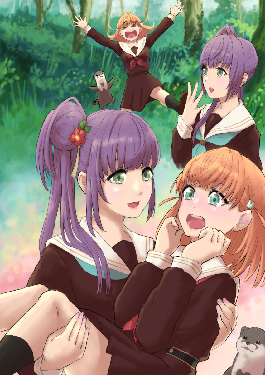 >_<, 2girls, :d, :o, absurdres, ankle_socks, aqua_eyes, aqua_neckerchief, black_socks, brown_dress, brown_footwear, carrying, cerise_bouquet, chasing, commentary, crossed_bangs, dress, embarrassed, fleeing, flower, forest, green_eyes, hair_bun, hair_flower, hair_ornament, hand_up, hasu_no_sora_school_uniform, highres, hinoshita_kaho, link!_like!_love_live!, loafers, long_hair, long_sleeves, love_live!, medium_dress, medium_hair, multiple_girls, multiple_views, nature, neckerchief, nyuma, open_mouth, orange_hair, otomune_kozue, otter, pleated_dress, princess_carry, purple_hair, rabbit_hair_ornament, red_flower, red_neckerchief, sailor_collar, sailor_dress, scene_reference, school_uniform, screaming, shoes, side_ponytail, sidelocks, single_side_bun, smile, socks, teeth, two_side_up, upper_teeth_only, virtual_youtuber, white_sailor_collar, winter_uniform