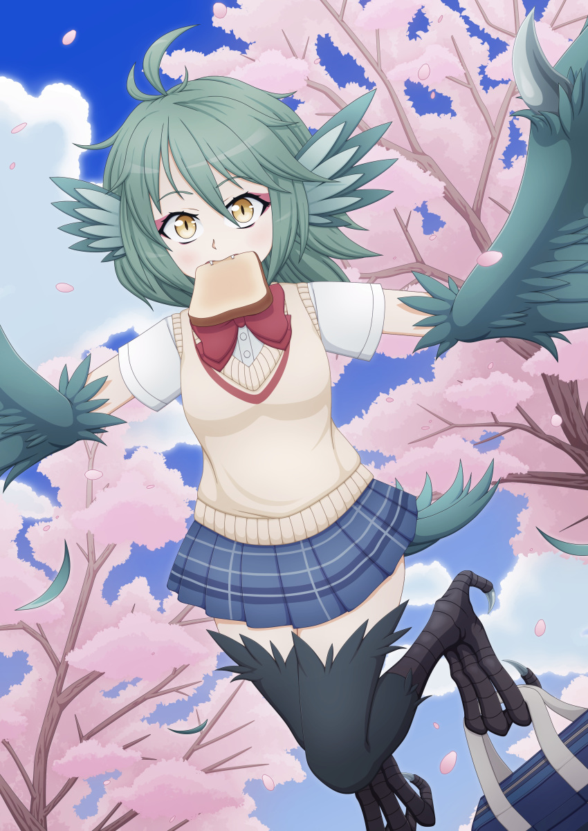 1girl, absurdres, ahoge, animal_ears, bag, bird_ears, bird_legs, bird_tail, black_bear_(user_pmvh8825), blue_skirt, bow, bread, bread_slice, cherry_blossoms, clouds, falling_petals, fangs, feathered_wings, feathers, flying, food, food_in_mouth, green_feathers, green_hair, green_tail, green_wings, hair_between_eyes, harpy, highres, holding_with_feet, long_hair, monster_girl, mouth_hold, original, petals, pink_petals, plaid, plaid_skirt, red_bow, school_bag, shirt, skirt, sky, solo, sweater_vest, tail, talons, toast, toast_in_mouth, tree, white_shirt, winged_arms, wings, zettai_ryouiki