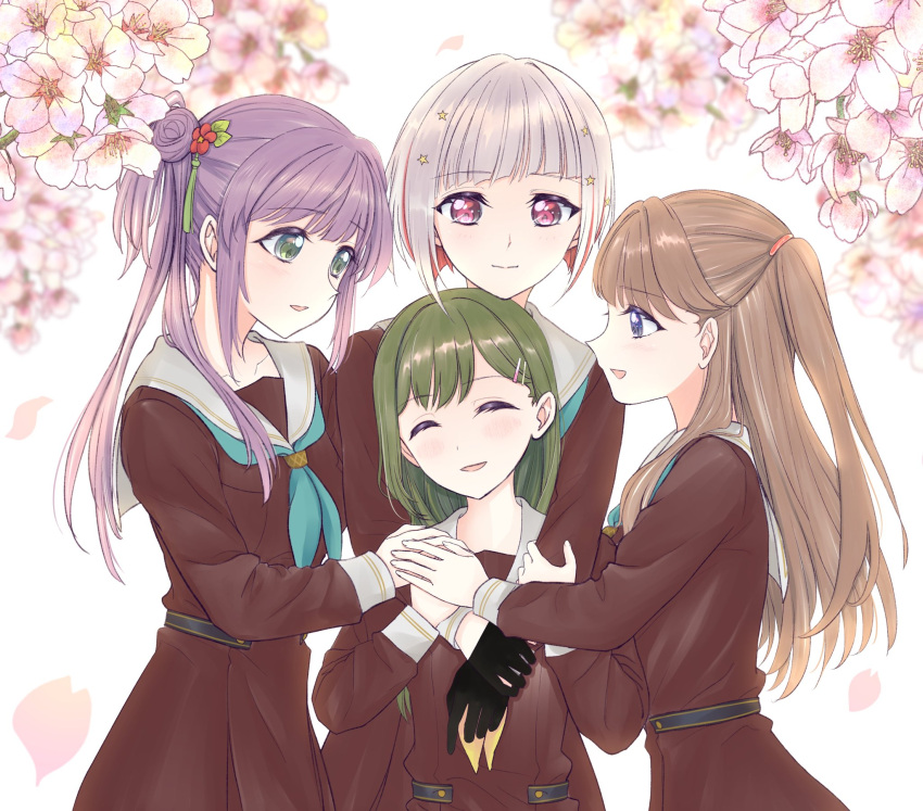 4girls, :d, aegis_zan, aqua_neckerchief, arms_around_neck, black_gloves, blurry, blurry_background