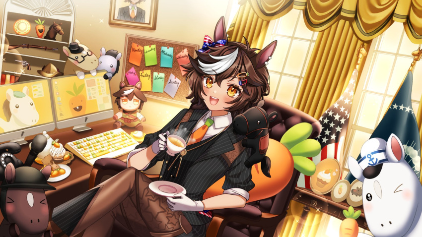 >_o, 1girl, american_flag, animal_ears, black_suit, brown_hair, carrot, chair, chaps, character_doll, cup, cupcake, desk, eyelashes, food, gloves, green_necktie, gun, hair_ornament, hairclip, highres, holding, holding_cup, holding_saucer, horse, horse_ears, horse_girl, indie_virtual_youtuber, keyboard_(computer), kompeitou_(lemon_garden), microphone, monitor, mouse_(computer), multicolored_hair, necktie, one_eye_closed, open_mouth, orange_necktie, oval_office, picture_frame, pinstripe_pattern, pinstripe_suit, revolver, rifle, saucer, second-party_source, short_hair, sitting, sleeves_rolled_up, solo, sparkle, star_(symbol), star_print, streaked_hair, stuffed_animal, stuffed_carrot, stuffed_horse, stuffed_toy, suit, teacup, teeth, tomoe_umari, two-tone_necktie, upper_teeth_only, virtual_youtuber, weapon, white_gloves, white_hair, window, yellow_curtain, yellow_eyes