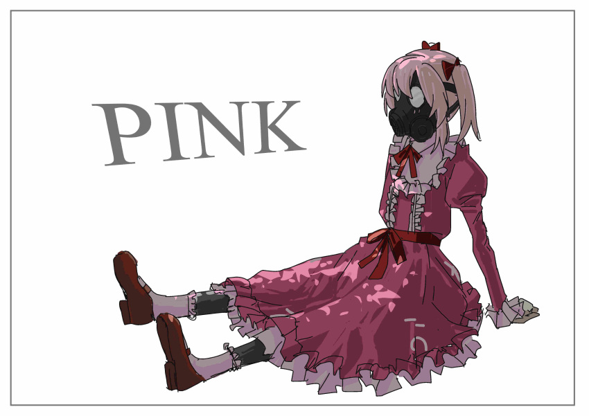 1girl, absurdres, bow, character_name, dress, full_body, gas_mask, hair_ornament