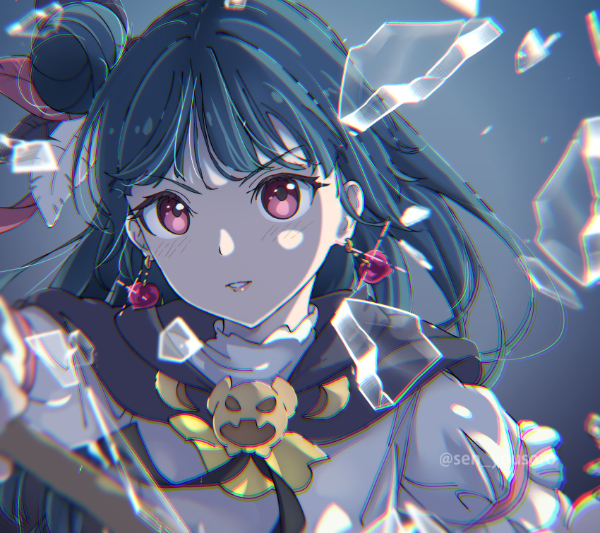 1girl, absurdres, broken_glass, brooch, capelet, chromatic_aberration, clenched_teeth, commentary, earrings, feather_hair_ornament, feathers, genjitsu_no_yohane, glass, gradient_background, grey_background, hair_bun, hair_ornament, heart, heart_earrings, highres, jewelry, looking_at_viewer, love_live!, love_live!_sunshine!!, profile_picture, red_eyes, seubchok, simple_background, single_hair_bun, solo, staff, teeth, tsushima_yoshiko, twitter_username, upper_body, v-shaped_eyebrows, yohane_(genjitsu_no_yohane)