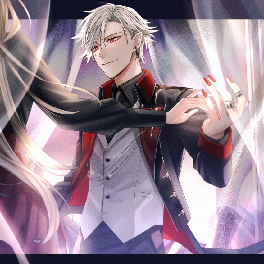 1boy, 1girl, black_border, black_jacket, black_necktie, black_pants, black_shirt, border