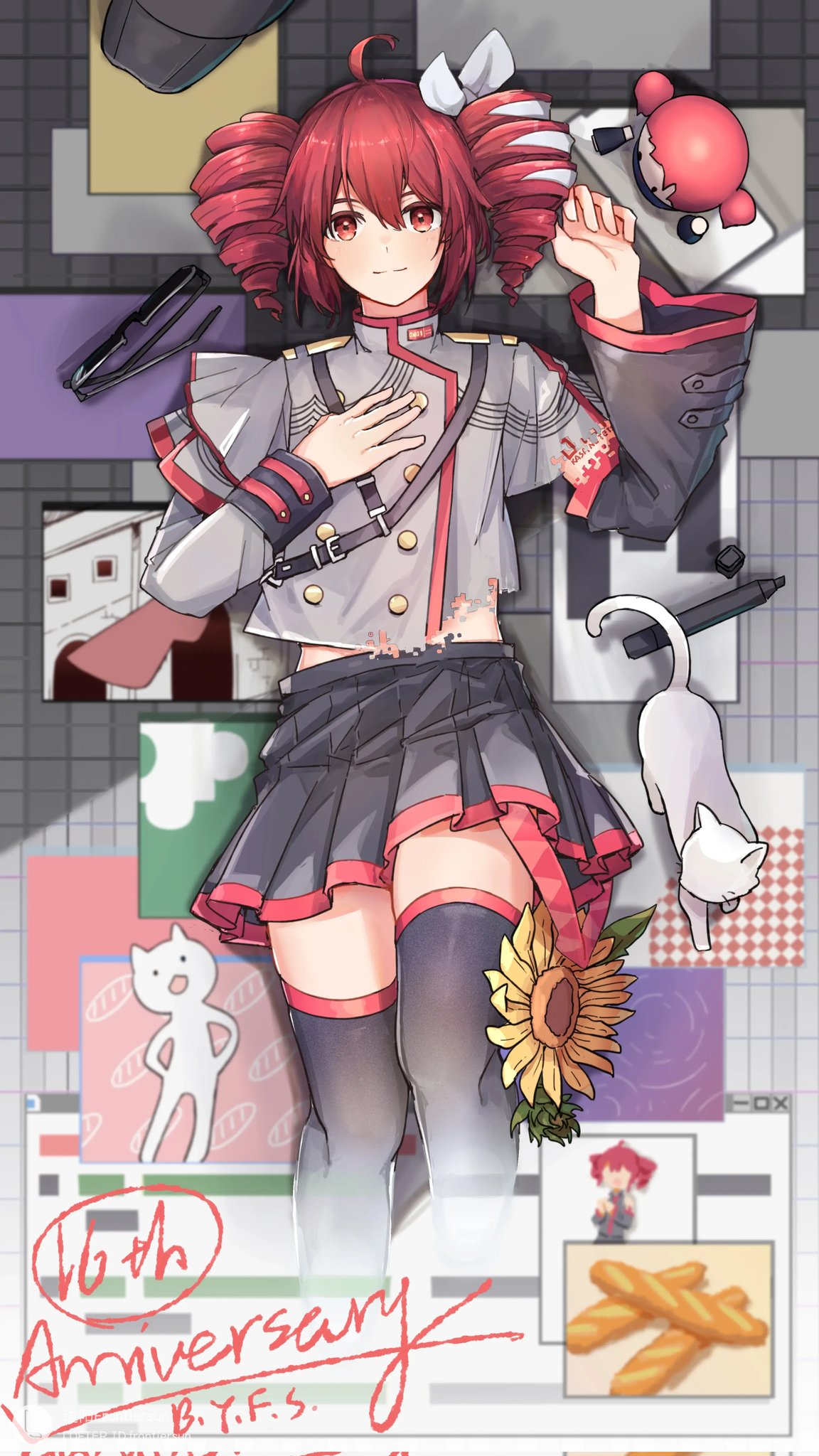 1girl, ahoge, anniversary, baguette, black_skirt, black_sleeves, black_thighhighs, bread