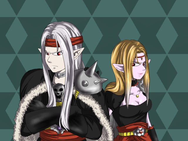 breasts, cape, circlet, cleavage, dragon_quest, dragon_quest_iv, elf, genderswap, gloves, headband, long_hair, pale_skin, pisaro, pointy_ears, red_eyes, silver_hair, skull, spikes, sya-ran-ra