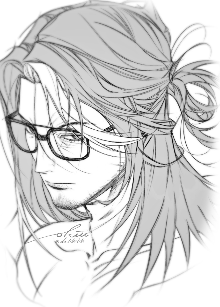 1boy, absurdres, arknights, beard_stubble, facial_hair, frown, glasses, greyscale
