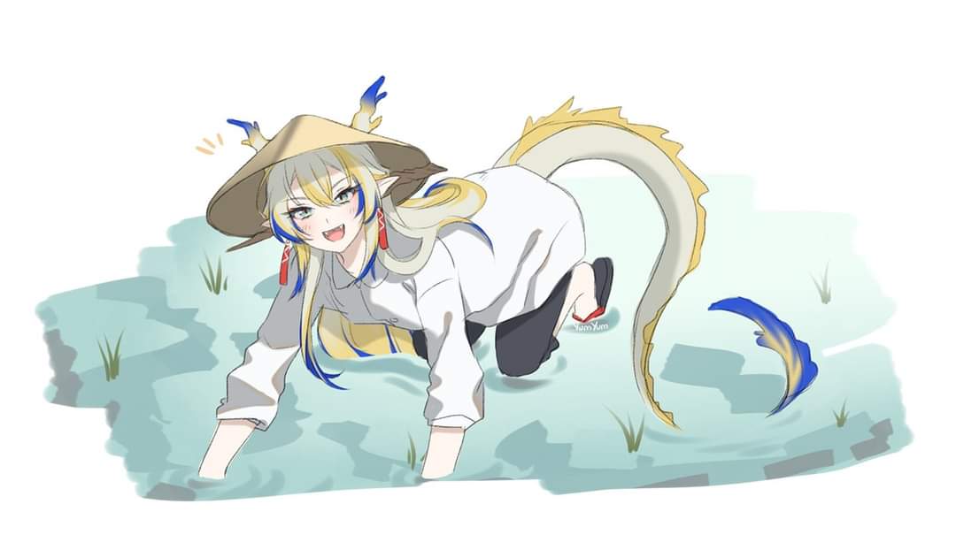 1girl, dragon_horns, dragon_tail, filthy_frank, long_hair, meme, parody, rice_paddy