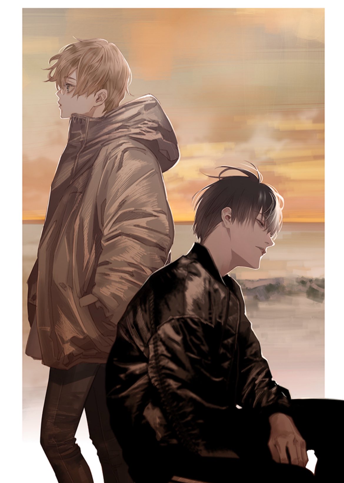 2boys, beach, black_hair, black_jacket, black_pants, brown_hair, ellery_(jukkakukan_no_satsujin), glasses