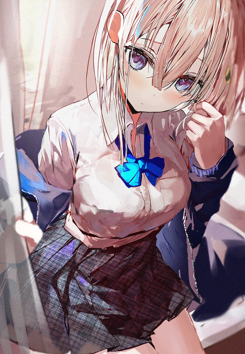 1girl, adjusting_hair, black_jacket, black_skirt, blue_bow, blue_eyes, bow, bowtie