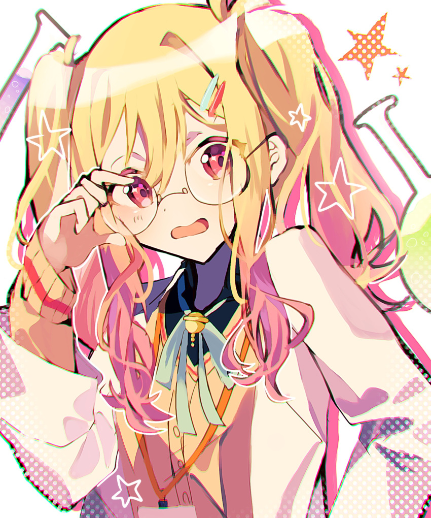 1girl, adjusting_eyewear, anemonelove, aqua_ribbon, bespectacled, black_shirt, blonde_hair, buttons