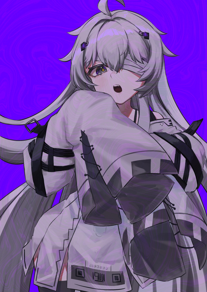 1girl, absurdres, ahoge, bandage_over_one_eye, blue_background, dress, grey_dress, grey_eyes