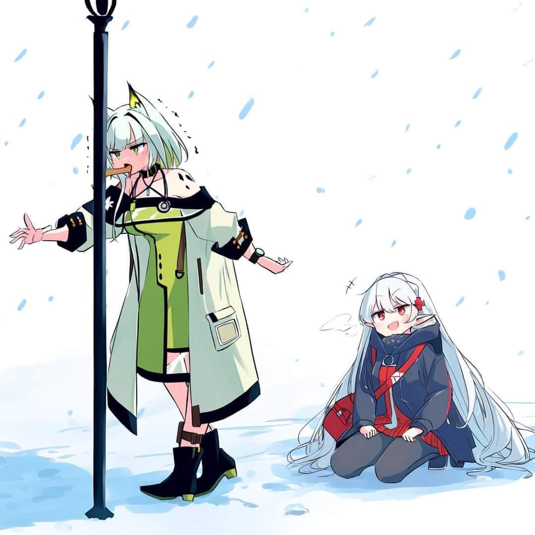 arknights, kal&amp;#039;tsit_(arknights), lamppost, multiple_girls, stuck, tongue_stuck_frozen, warfarin