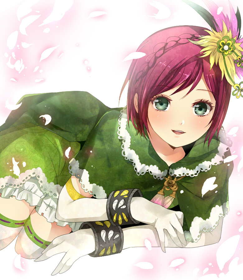 bracelet, braid, cape, elbow_gloves, gloves, green_eyes, hair_ornament, hosokawa_gracia
