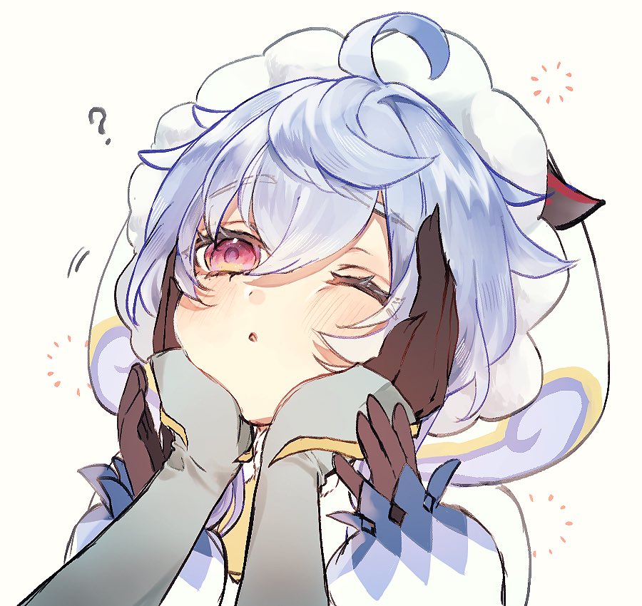 1girl, aged_down, ahoge, black_gloves, blue_hair, blush, cheek_squash, child, fur-trimmed_headwear, fur-trimmed_hood, fur_trim, ganyu_(genshin_impact), ganyu_(young)_(genshin_impact), genshin_impact, gloves, goat_horns, hair_between_eyes, hands_on_another's_cheeks, hands_on_another's_face, hood, horns, houjicha_moko, official_alternate_costume, pov, pov_hands, tail, upper_body, violet_eyes, winter_clothes, xianyun_(genshin_impact)