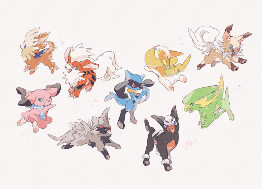 absurdres, blue_eyes, claws, closed_mouth, commentary_request, electrike, fangs, fangs_out, growlithe, highres, houndour, kanami_(bprod), lillipup, no_humans, open_mouth, pokemon, pokemon_(creature), poochyena, red_eyes, riolu, rockruff, signature, smile, snubbull, tongue, tongue_out, white_background, yamper
