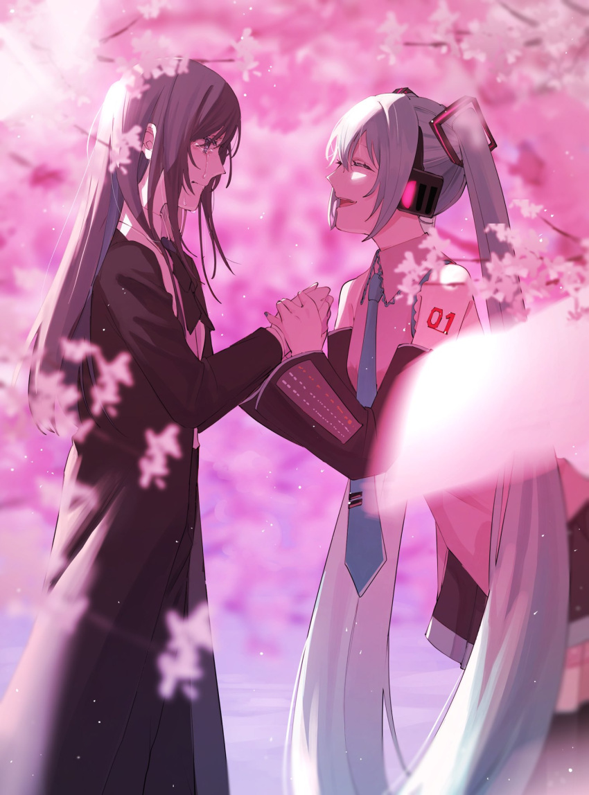 2girls, ado_(utaite), aqua_hair, aqua_necktie, arm_tattoo, black_bow, black_bowtie, black_coat