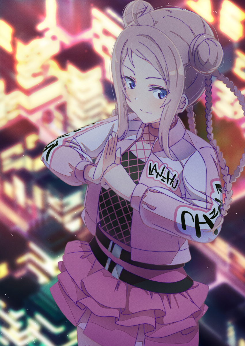 1girl, 5201314_(love_live!), ahoge, ajapar, belt, black_belt, black_shirt, blue_eyes, blurry, blurry_background, blush, braid, choker, closed_mouth, double_bun, fishnet_top, fishnets, frills, hair_bun, highres, jacket, long_hair, long_sleeves, love_live!, love_live!_nijigasaki_high_school_idol_club, mole, mole_under_eye, multicolored_clothes, multicolored_jacket, open_clothes, open_jacket, own_hands_together, pink_choker, pink_hair, pink_jacket, pink_skirt, shirt, sidelocks, skirt, smile, solo, swept_bangs, white_jacket, zhong_lanzhu