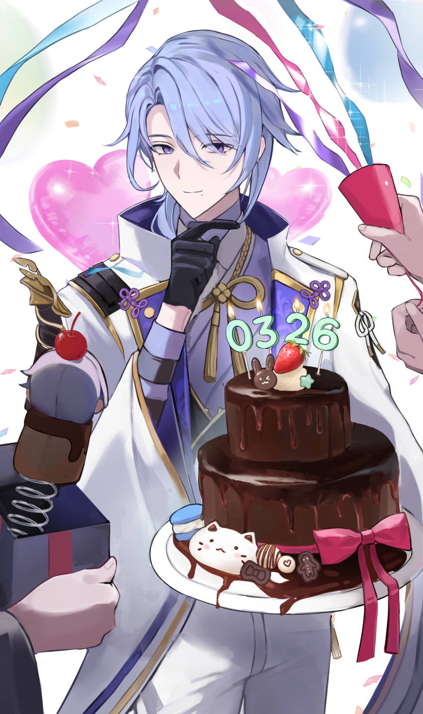 1boy, 2others, absurdres, armor, balloon, birthday, black_gloves, blue_hair