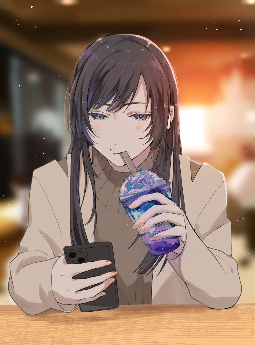 1girl, ado_(utaite), black_hair, blue_eyes, blush, brown_jacket, brown_sweater, casual