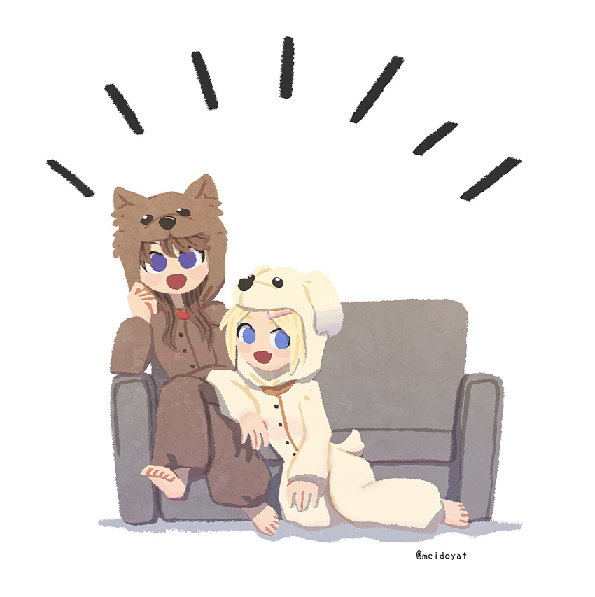 2girls, :d, animal_hood, blonde_hair, blue_eyes, brown_hair, commentary_request, couch, crossed_legs, dog_hood, fang, fujishima_megumi, full_body, hair_ornament, hairclip, highres, hood, link!_like!_love_live!, long_hair, looking_at_viewer, love_live!, meidosan, mira-cra_park!, multiple_girls, notice_lines, on_couch, on_floor, onesie, open_mouth, osawa_rurino, sitting, smile, twitter_username, violet_eyes, virtual_youtuber, yokozuwari