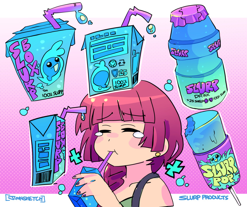 1girl, alcohol_carton, bocchi_the_rock!, carton, closed_eyes, crossover, dress, drinking_straw