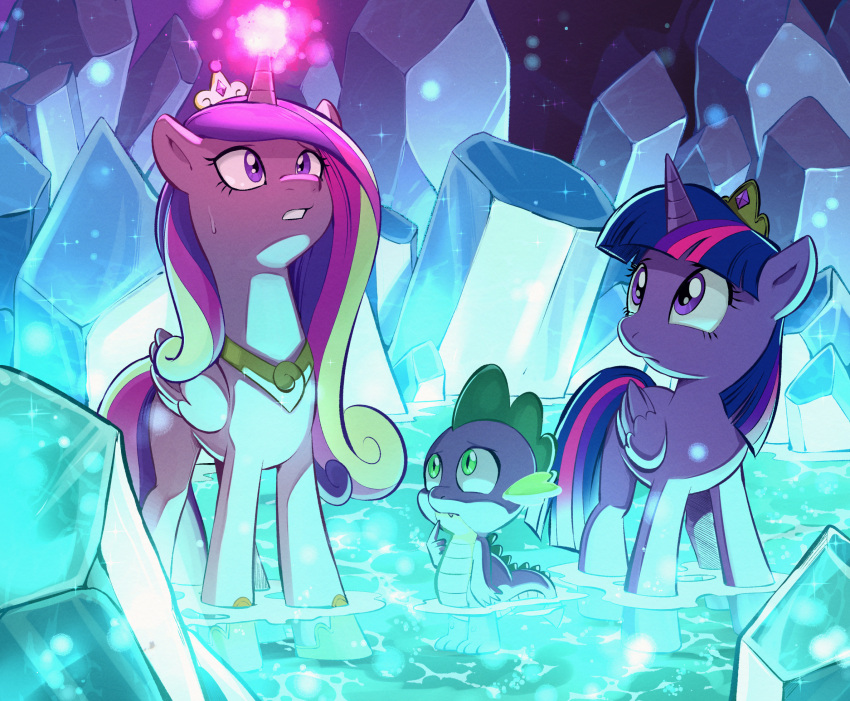 1boy, 2girls, benoit_picard, blonde_hair, cadance_(my_little_pony), crystal, glowing_horns, green_eyes