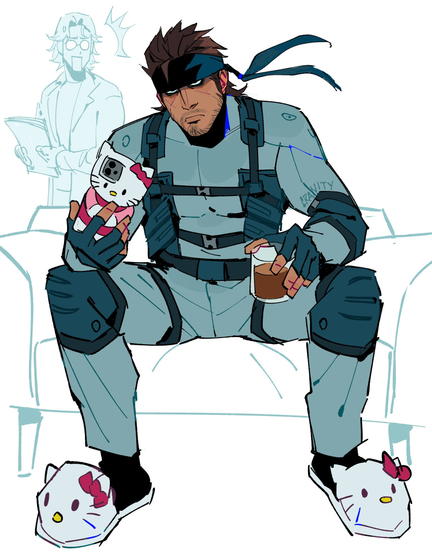 2boys, absurdres, bandana, beard, belt, black_bandana, black_socks, brown_hair, couch, cranity, cup, facial_hair, glasses, hello_kitty_(character), highres, holding, holding_cup, holding_phone, male_focus, metal_gear_(series), metal_gear_solid, multiple_boys, open_mouth, phone, photo-referenced, scar, scar_on_face, sitting, socks, solid_snake, spread_legs