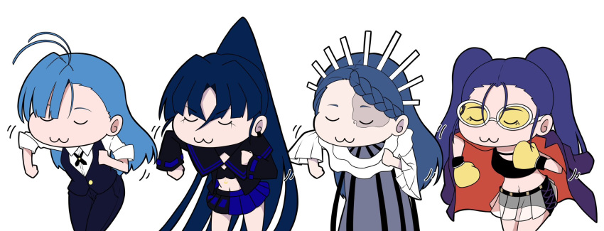 4girls, :3, ado_(utaite), ahoge, bikini, black_bikini, black_ribbon, black_sailor_collar, black_shirt, black_shorts, black_skirt, black_tank_top, blue_hair, blue_pants, blue_skirt, blue_vest, boxing_gloves, braid, braided_bangs, chibi, closed_eyes, cloud_nine_inc, collared_shirt, commentary_request, crop_top, dancing, dress, dress_shirt, earclip, gira-gira-chan_(ado), gira_gira, hair_between_eyes, highres, long_hair, long_sleeves, merry_(ado), midriff, multiple_girls, naima_(ado), navel, neck_ribbon, nori_(norinori_yrl), odo-chan_(ado), odo_(song), open_clothes, open_shirt, pants, parted_bangs, pleated_skirt, ponytail, readymade_(ado), ribbon, sailor_collar, see-through, see-through_skirt, shirt, shorts, simple_background, skirt, swimsuit, tank_top, tinted_eyewear, twintails, u_u, usseewa, very_long_hair, vest, white_background, white_dress, white_shirt, yellow-tinted_eyewear, zui_zui_dance
