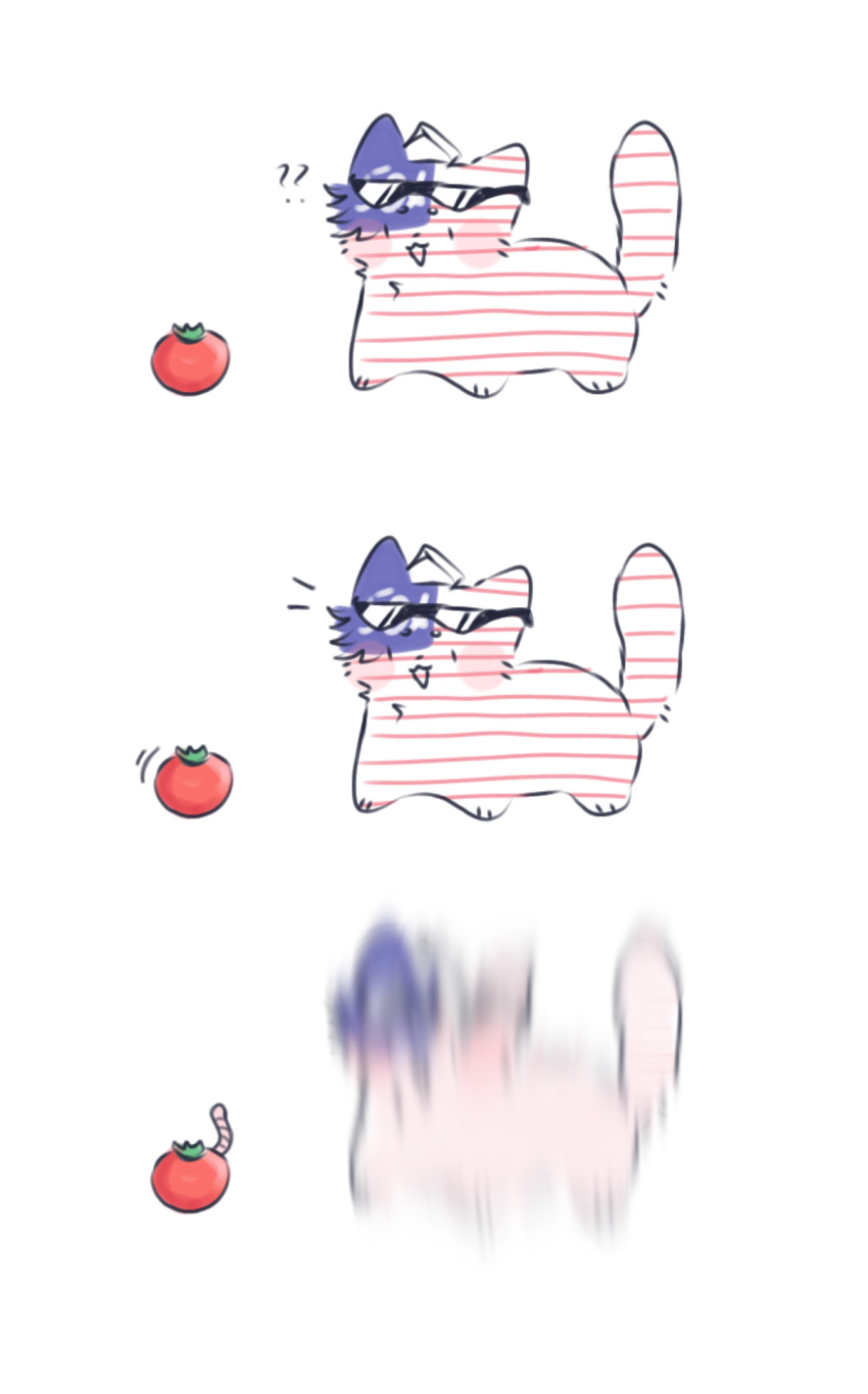 ahoge, america_(countryhumans), american_flag, animal, animal_ears, cat, confused, fluffy, highres, l1ly4, non-web_source, open_mouth, self-upload, simple_background, smile, sunglasses, surprised, tomato, white_background, worm