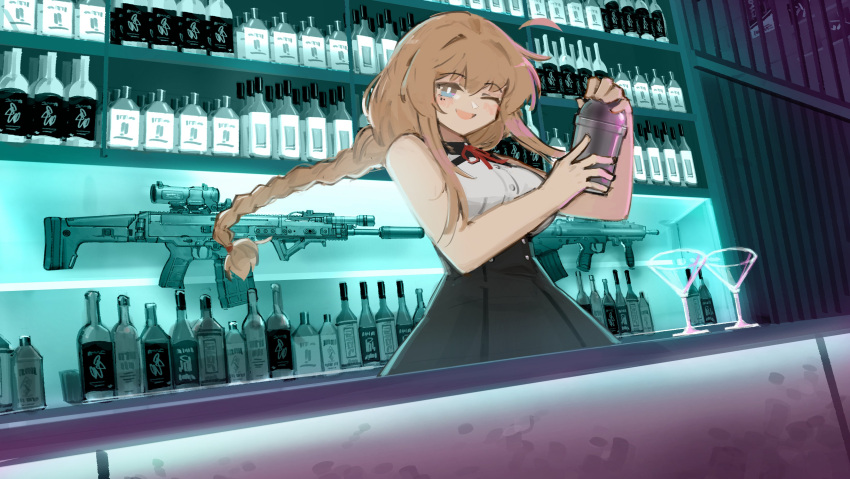 1girl, absurdres, ahoge, alcohol, angled_foregrip, black_skirt, blonde_hair, blue_eyes