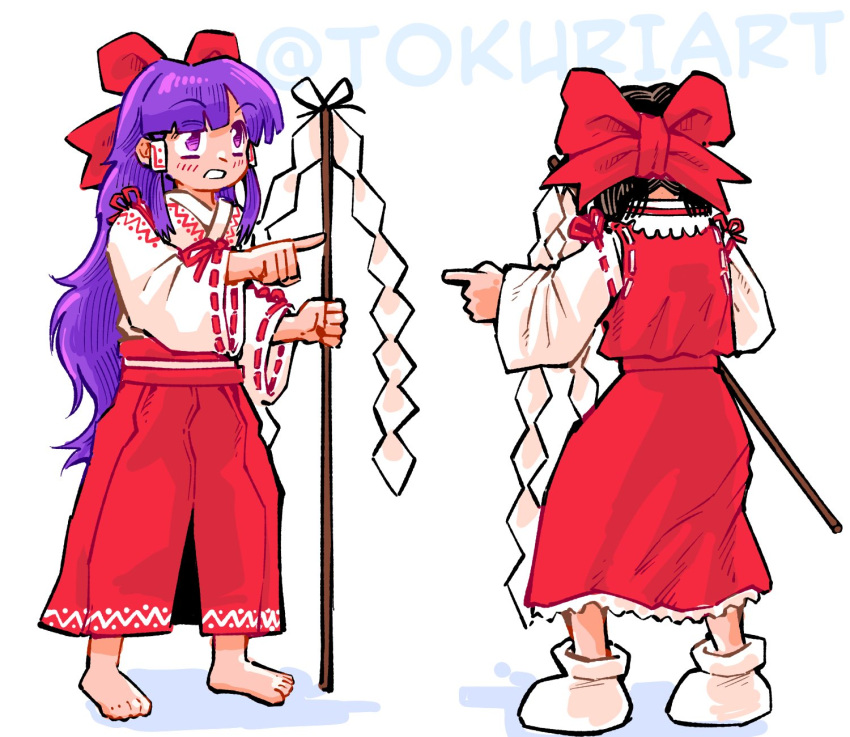 barefoot, black_hair, blunt_bangs, bow, detached_sleeves, frilled_skirt, frills, full_body