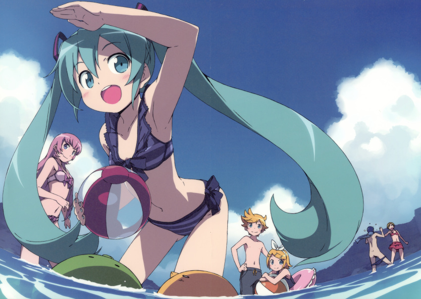 absurdres, armpits, ball, beach, beachball, bikini, bow, crease