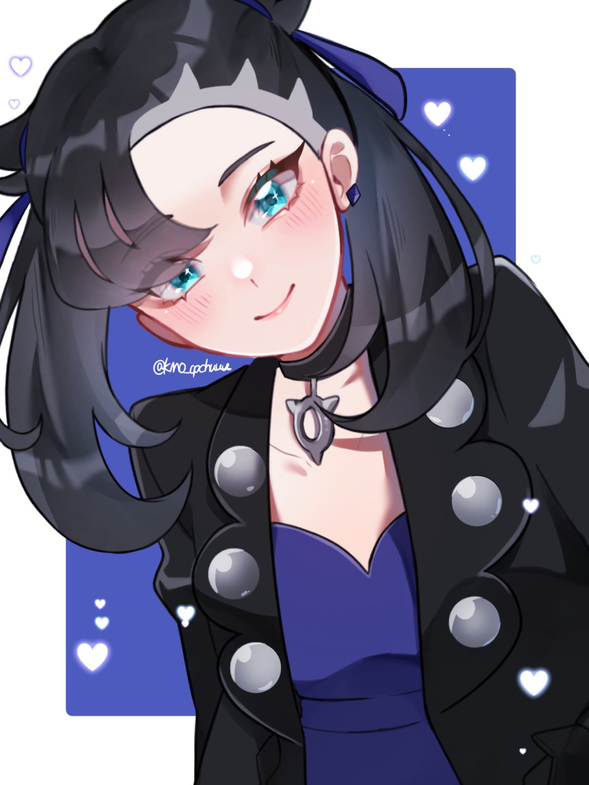 1girl, alternate_color, asymmetrical_bangs, black_collar, black_hair, black_jacket, blush, closed_mouth