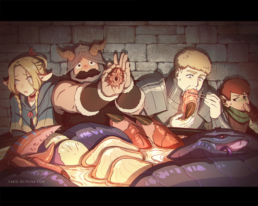 1girl, 3boys, beard, brown_hair, caro_oliveira, chilchuck_tims, chopsticks, dragon