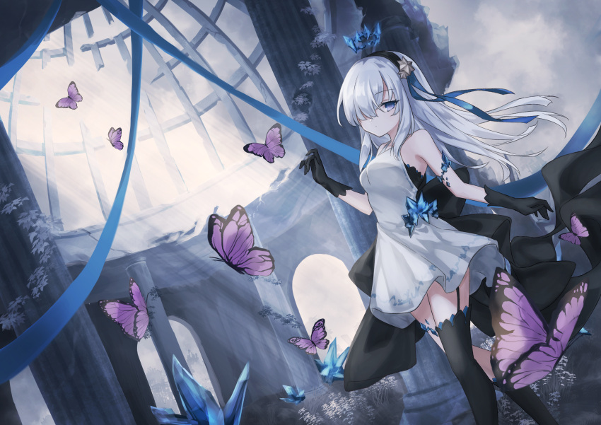 1girl, absurdres, bare_shoulders, black_garter_straps, black_gloves, black_hairband, black_socks, black_thighhighs