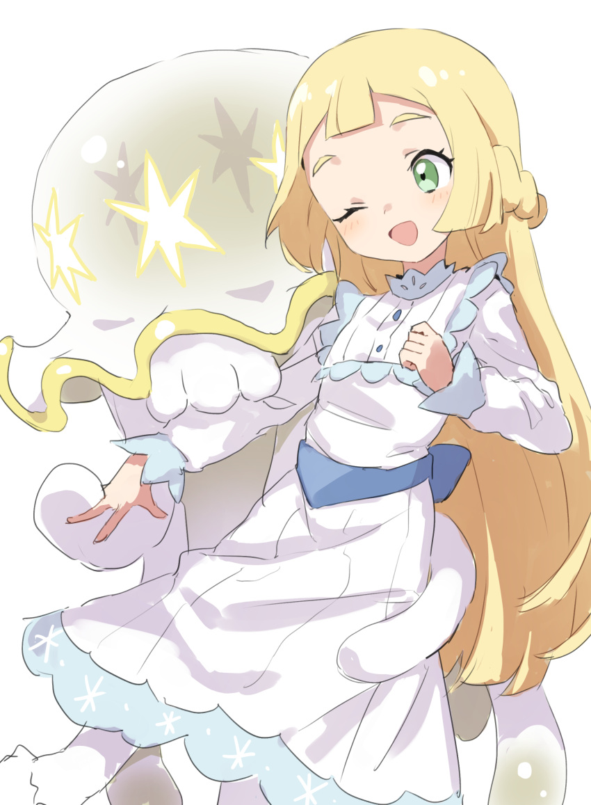 1girl, absurdres, alternate_color, belt, blonde_hair, blue_belt, blunt_bangs, blush