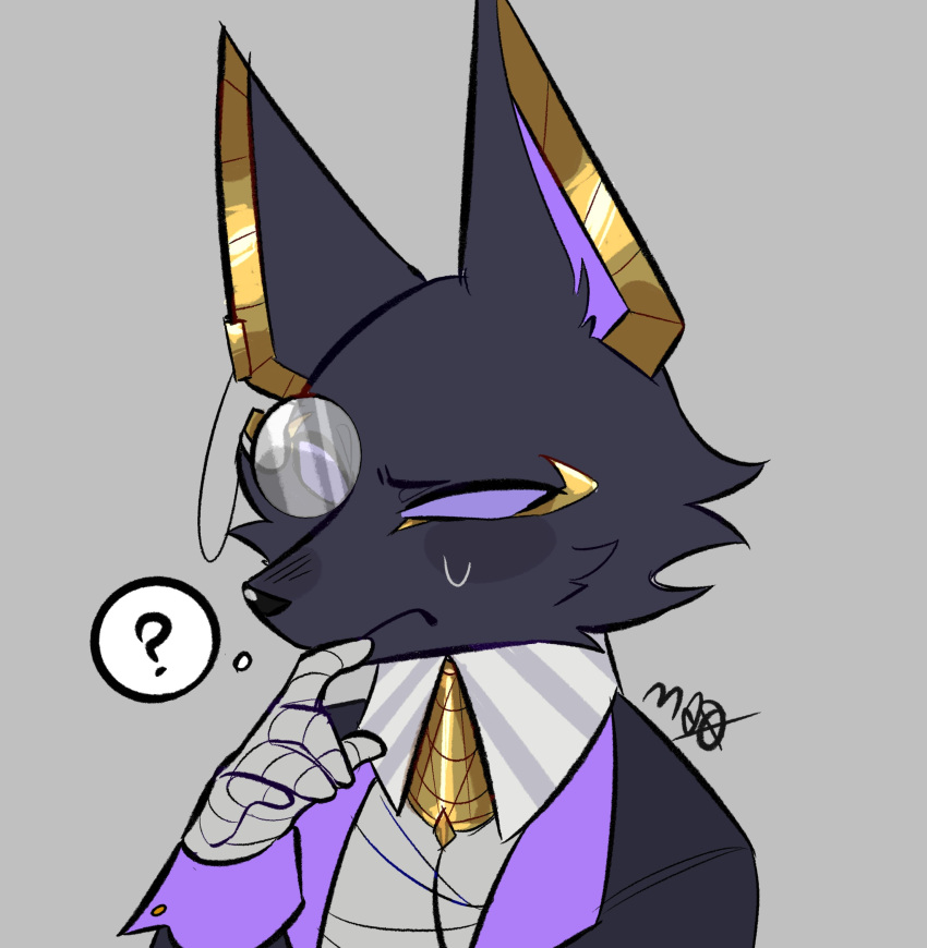 1boy, ?, absurdres, animal_ears, bandaged_hand, bandaged_torso, bandages, black_suit, chibi, dislyte, drew_(anubis)_(dislyte), finger_to_mouth, furry, furry_male, grey_background, highres, jackal_boy, jackal_ears, male_focus, monocle, mozibyoziy, signature, spoken_question_mark, suit, sweatdrop, thought_bubble, upper_body, violet_eyes