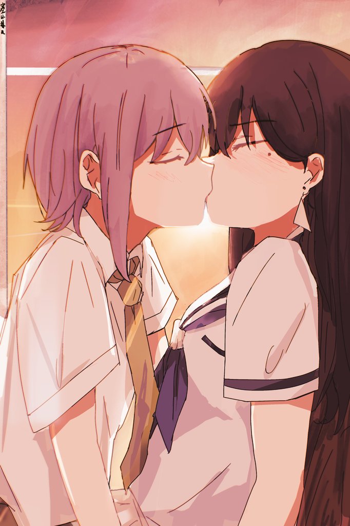 2girls, bang_dream!, bang_dream!_it's_mygo!!!!!, blue_neckerchief, blush, brown_hair, chinese_commentary, closed_eyes, collared_shirt, commentary_request, earrings, green_necktie, grey_hair, hanasakigawa_school_uniform, haneoka_school_uniform, jewelry, keyun, kiss, long_hair, mole, mole_under_eye, multiple_girls, neckerchief, necktie, school_uniform, serafuku, shirt, short_hair, short_sleeves, sunset, takamatsu_tomori, white_shirt, yuri