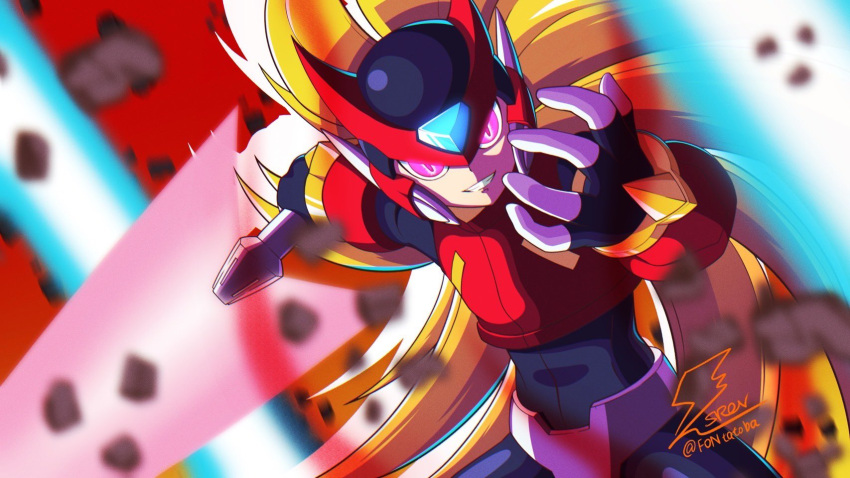 1boy, armor, blonde_hair, blurry, blurry_background, blurry_foreground, cowboy_shot, energy_sword