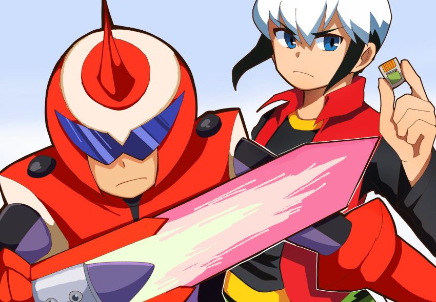 2boys, arm_blade, armor, assault_visor, battle_chip, black_hair, black_shirt, blue_eyes