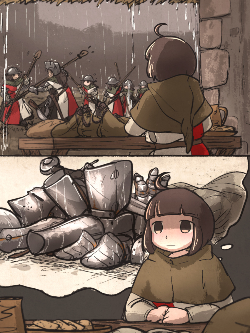 6+girls, ahoge_page_(ironlily), armor, belt, brown_hair, flask, food, gambeson