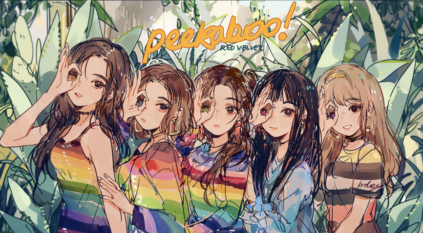 5girls, animification, blue_shirt, blunt_bangs, brown_hair, choker, closed_mouth, copyright_name