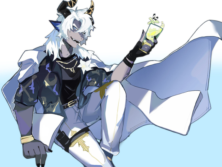 1boy, alchemy_stars, axianorange, black_shirt, claws, cup, drink, english_commentary