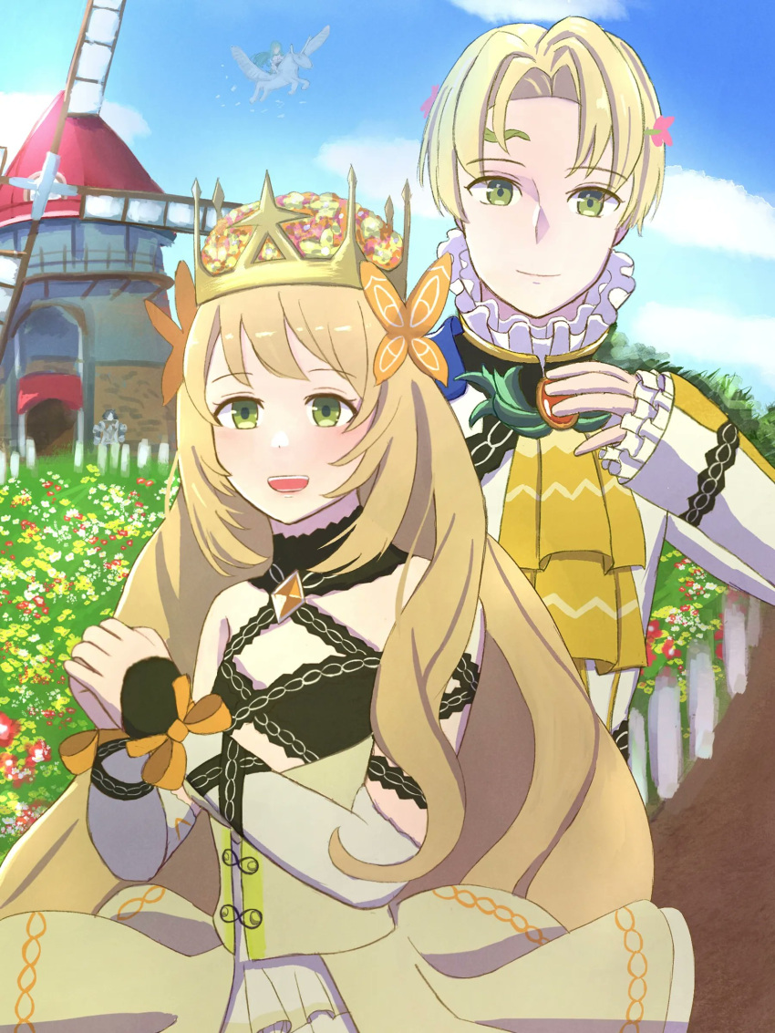 1boy, 1girl, absurdres, alfred_(fire_emblem), ascot, blue_cape, bow, brother_and_sister